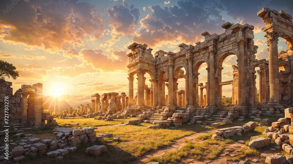 Majestic ruins of an ancient mysterious city at sunset. Architectural columns and arches in the sunlight. Majestic ruins of an ancient mysterious city at sunset. Architectural columns and arches in the sunlight.
