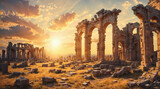 Majestic ruins of an ancient mysterious city at sunset. Architectural columns and arches in the sunlight.