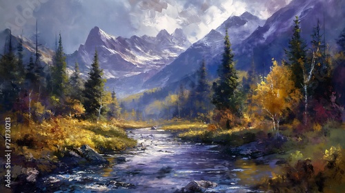 mountain stream trees mountains background imagery expressive emotional piece park pristine deep artists rendition autumn coherent american west scenery young snowy peaks highly live