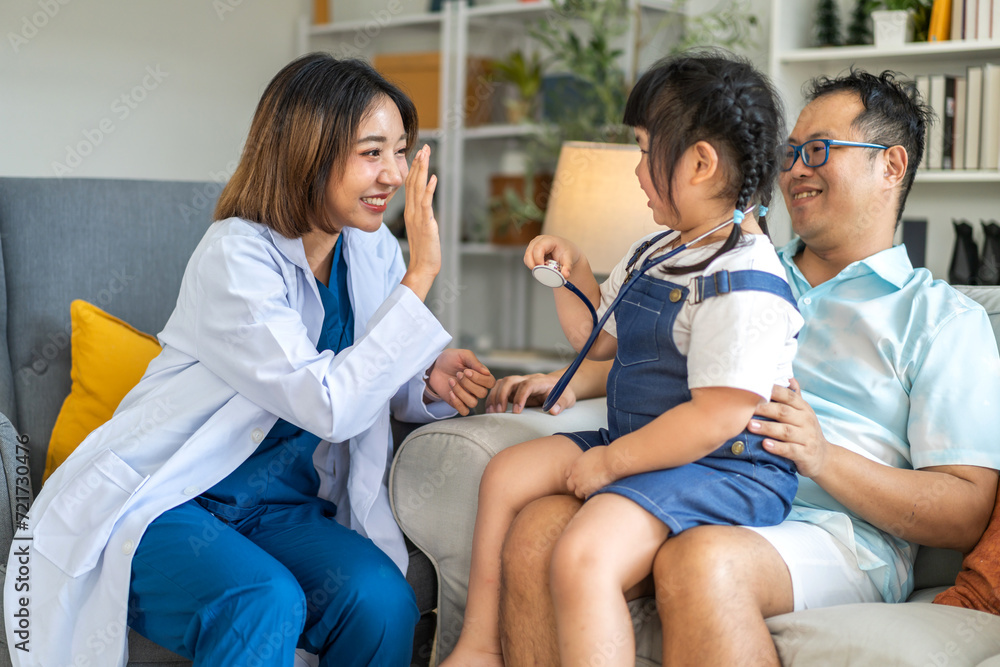 Obraz premium Portrait of smiling caring asian doctor service help support discussing and consulting taking care with small girl patient, child health, kid sick, medicine, medical checkup. children healthcare 
