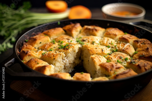 A close-up view of a garlic bread-topped chicken pot pie. (Generative AI)