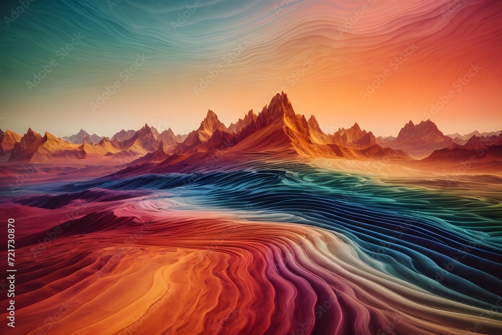 Vibrant Abstract Landscape: Colorful Waves and Majestic Mountain Peaks