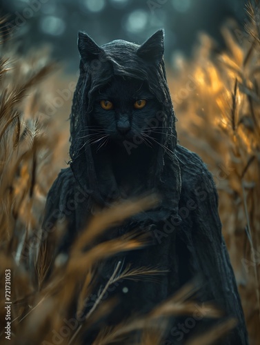 black kitty cat kitten standing field hood city walking wheat soothsayer deity scary eerie fierce eyes merlin