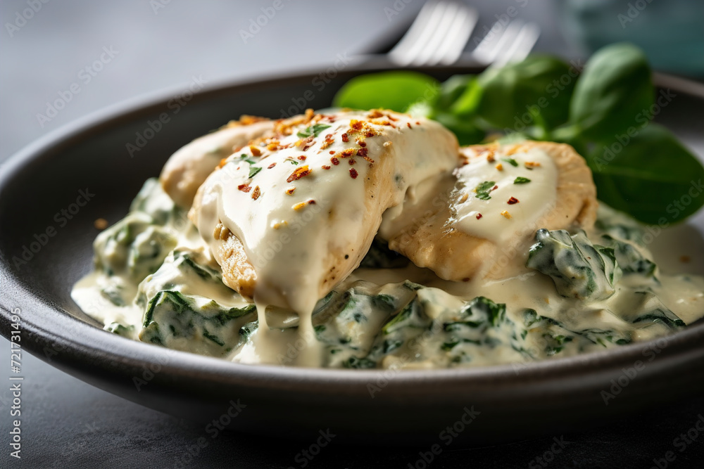 A close-up view of creamy spinach artichoke chicken. (Generative AI) A close-up view of creamy spinach artichoke chicken. (Generative AI)