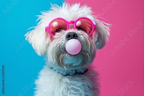 Maltese dog blowing bubble gum wearing sunglasses fashion portrait on pink blue background. presentation. advertisement. invitation. copy text space. © CassiOpeiaZz