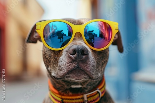 Dog wearing sunglasses fashion portrait background. presentation. advertisement. invite invitation. copy text space.