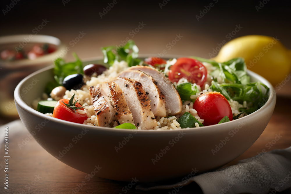 A delicious Greek chicken grain bowl is served. (Generative AI) A delicious Greek chicken grain bowl is served. (Generative AI)
