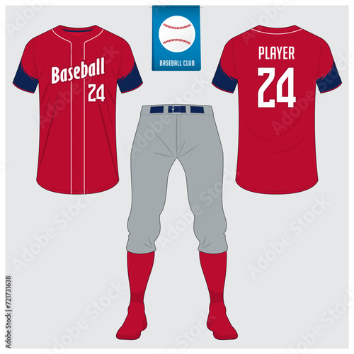 Baseball uniform or baseball jersey mock up. Sportswear, t-shirt sport, short, sock template. Front and back view baseball kit. Flat baseball logo on blue label. 