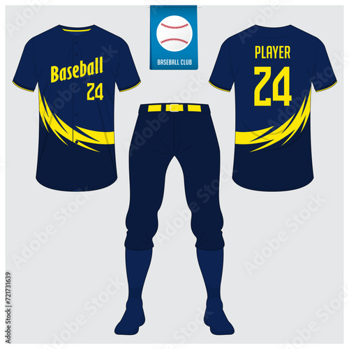 Baseball uniform or baseball jersey mock up. Sportswear, t-shirt sport, short, sock template. Front and back view baseball kit. Flat baseball logo on blue label. 