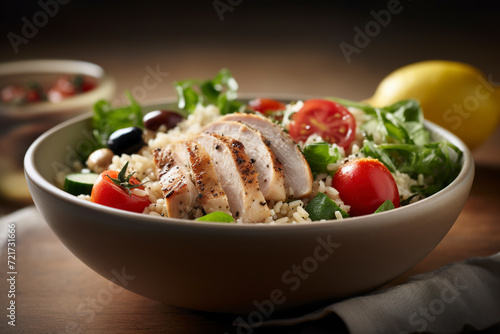 A delicious Greek chicken grain bowl is served. (Generative AI)