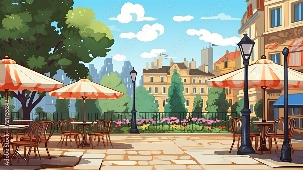 Outdoor street cafe in summer park area cartoon illustration outside restaurant area with table chair and umbrella exterior with city building landscape urban bistro coffeehouse on sidewalk design
