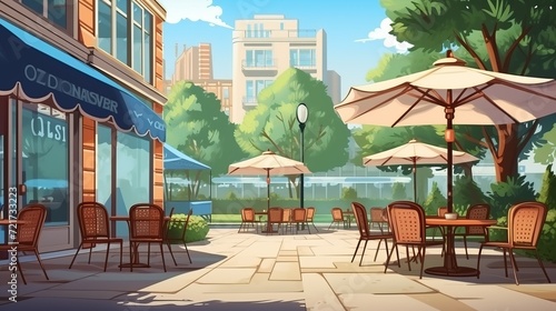 Outdoor street cafe in summer park area cartoon illustration outside restaurant area with table chair and umbrella exterior with city building landscape urban bistro coffeehouse on sidewalk design 