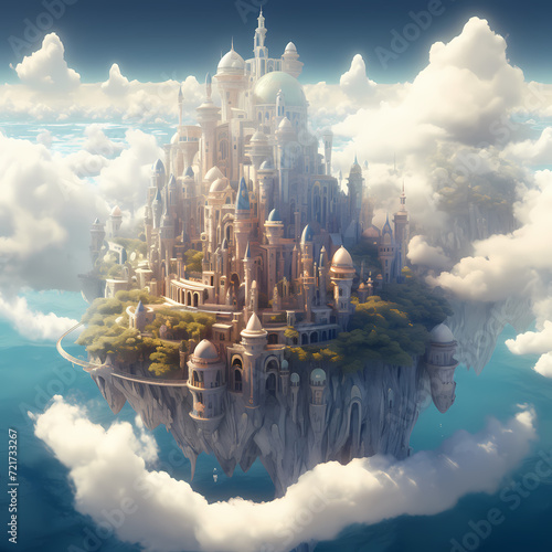 A surreal scene of a floating city in the clouds.