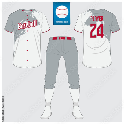 Baseball uniform or baseball jersey mock up. Sportswear, t-shirt sport, short, sock template. Front and back view baseball kit. Flat baseball logo on blue label. 