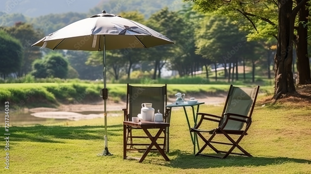 Scene of chair with coffee table and umbrella near green lawn in nature park
