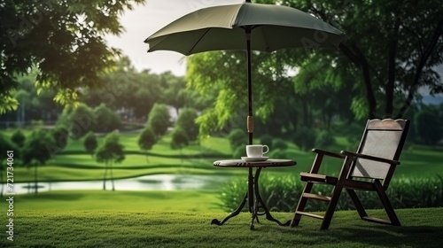 Scene of chair with coffee table and umbrella near green lawn in nature park
