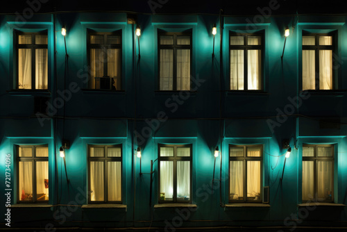 Front view. Facade of Soviet panel house with glowing windows at night. Yellow and blue light. Buying home with mortgage, renting property, rent apartment, real estate agency. Sleeping poor area.