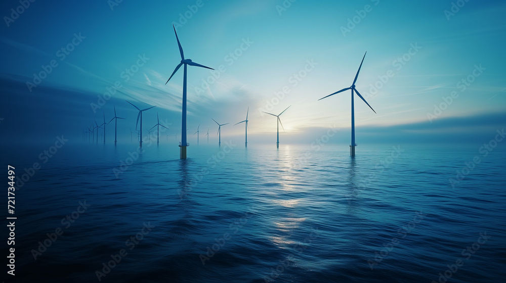 windmill turbines generating green energy, global warming climate change concept, windmill turbines in the ocean at sea windmill turbines generating green energy, global warming climate change concept, windmill turbines in the ocean at sea