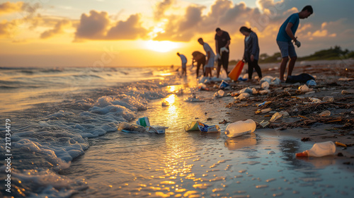 a group of people cleaning up the beach from trash and palstic pollution, peaple collecting garbage from the beach, sllective focus on plastic bottles photo