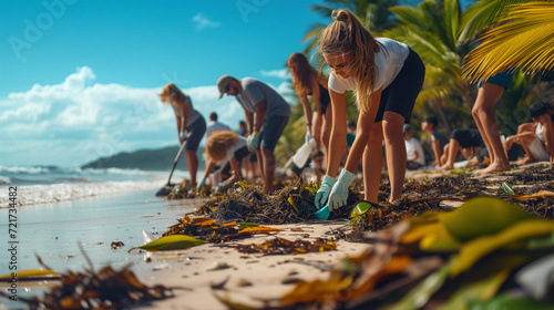 a group of people cleaning up the beach from trash and palstic pollution, peaple collecting garbage from the beach photo