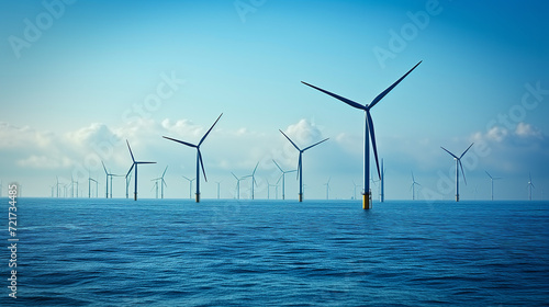 windmill turbines generating green energy, global warming climate change concept, windmill turbines in the ocean at sea