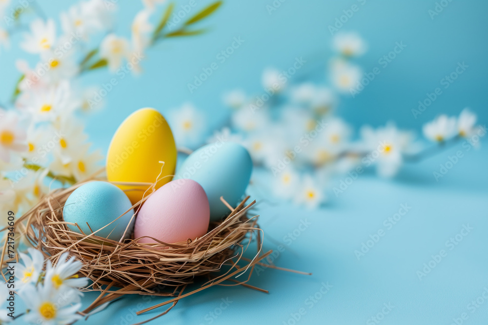 easter background postcard with a basket with painted eggs