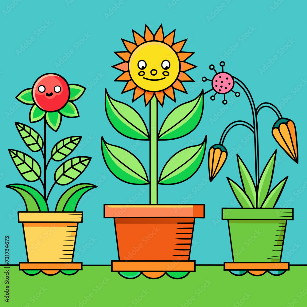 Potted Sunflower and Colorful Blooms Illustration in a Garden Setting