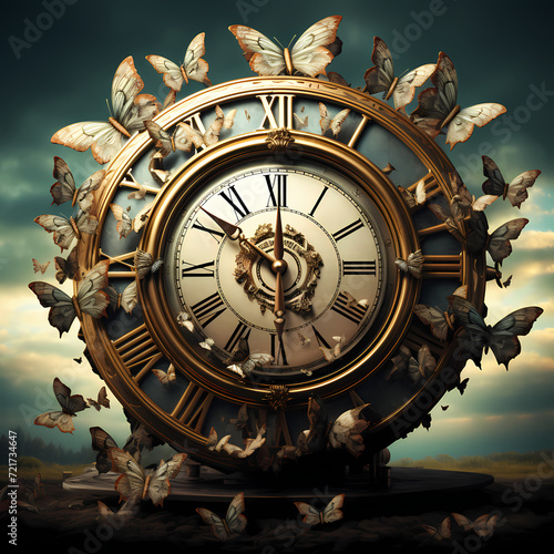 A surreal scene of a clock with gears morphing into butterflies.