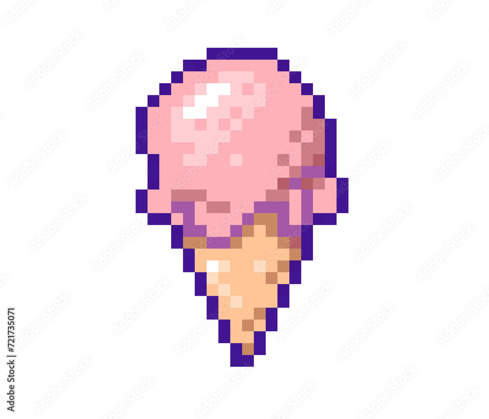 8 bit Pink ice cream and brown waffle cone pixel element icon