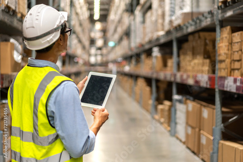 Portrait of smiling asian engineer man order details checking goods and supplies on shelves with goods background in warehouse.logistic and business export. photo