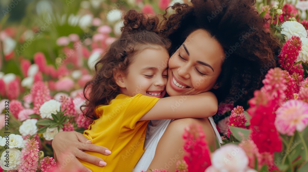 Fototapeta premium Happy Mother and Daughter Enjoying Quality Time Together. Joyful Mom Embracing Her Daughter Surrounded by Flowers. Heartwarming and Emotionally Resonant for Mother's Day