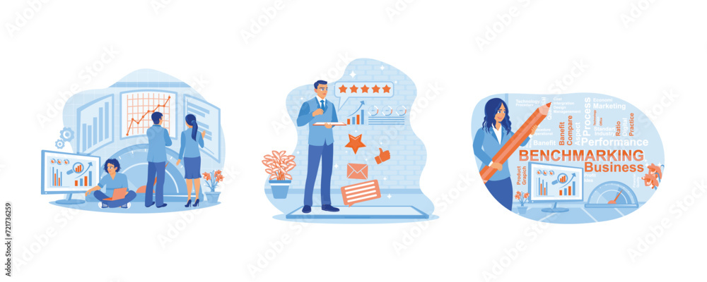 Benchmarking concept. Measuring, testing with analysis charts. Business people using digital tablet to increase rating.  Set Flat vector illustration.