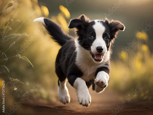 border collie dog running through the meadow in sunset light