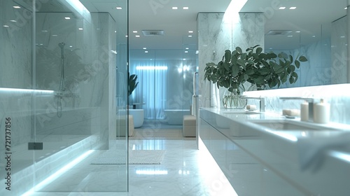 A contemporary bathroom with marble countertops, glass shower enclosures, and sleek chrome fixtures, basking in the soft glow of recessed LED lighting.
