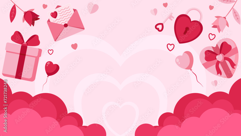 Romantic vector illustration banner or poster using pink and red colors.Greeting card with cloud background, flying love balloons,gift box,roses,paper hearts,key,and a padlock.Space for text.