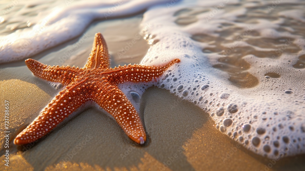 Starfish on sandy beach, ocean foam, close-up, sunset light, sea texture, marine life, coastal scene, natural beauty, tide approaching Starfish on sandy beach, ocean foam, close-up, sunset light, sea texture, marine life, coastal scene, natural beauty, tide approaching