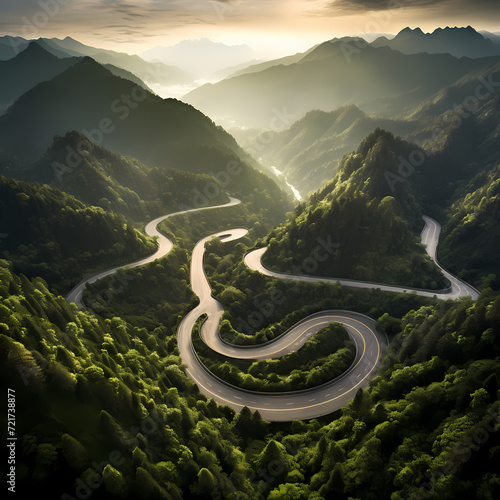Aerial view of winding mountain roads. 