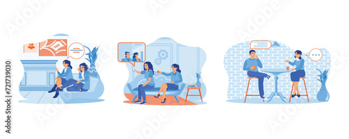 Smiling female friends while sitting on the sofa at home. Talking via video call with their friends. chatting and drinking. Smiling woman friends drinking tea at home. Set Flat vector illustration.