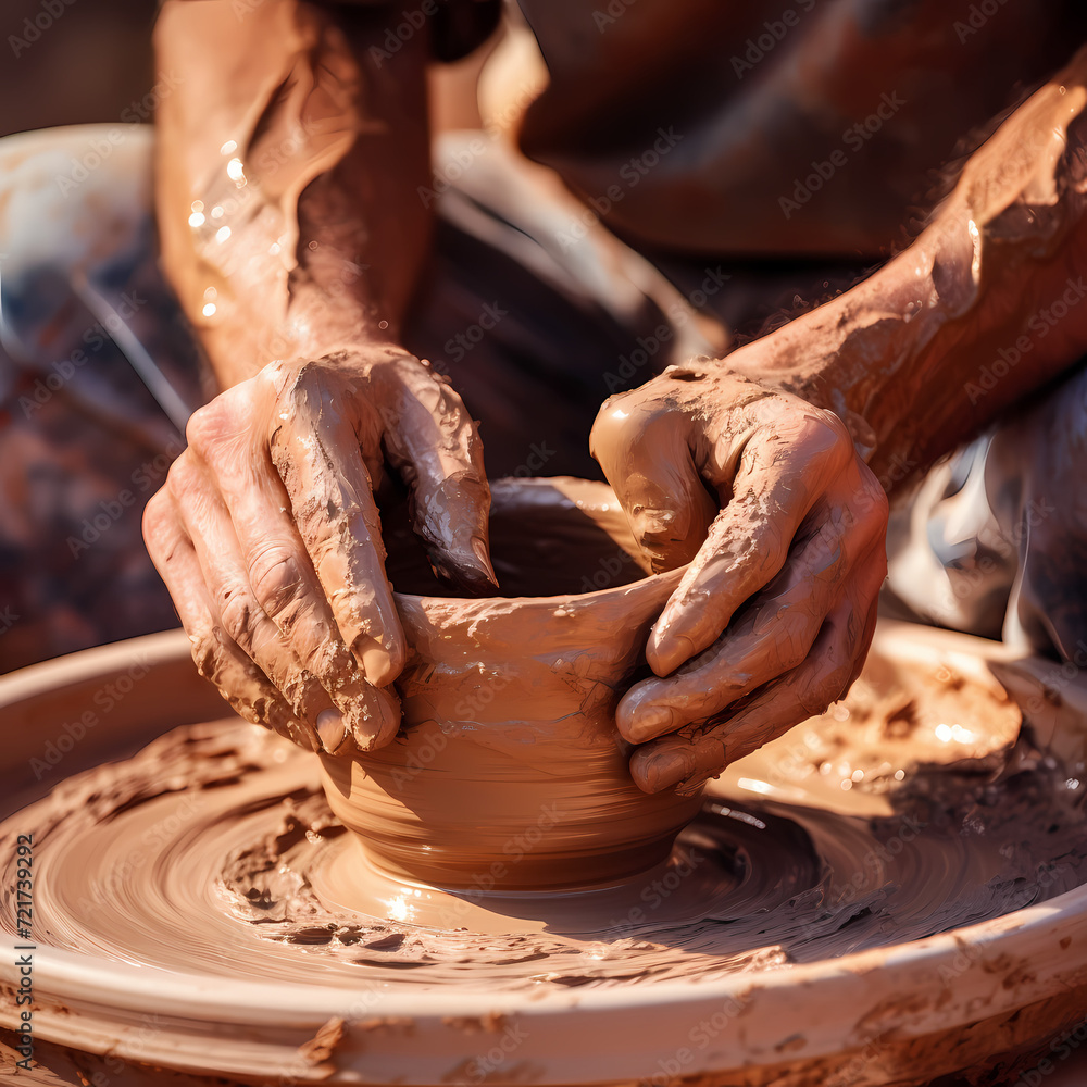 Close-up of a potter shaping clay on a wheel.