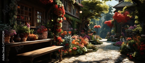 Cottage with beautiful flowers garden © meta
