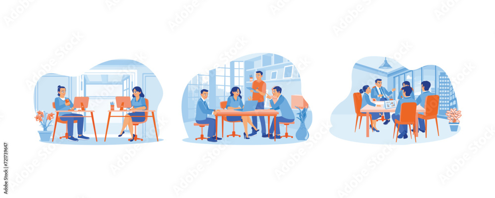 The creative manager has two partners in the office. Business team meeting in office. Discuss work. Team of people sitting at desk with laptops Set Flat vector illustration.