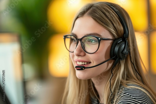 Close-up photo of smiling young woman wearing headsets working in a call center.