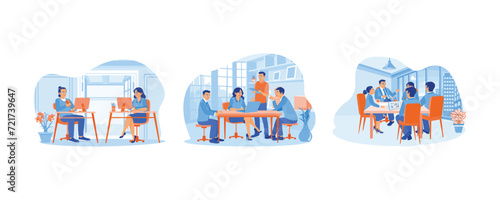 The creative manager has two partners in the office. Business team meeting in office. Discuss work. Team of people sitting at desk with laptops Set Flat vector illustration.