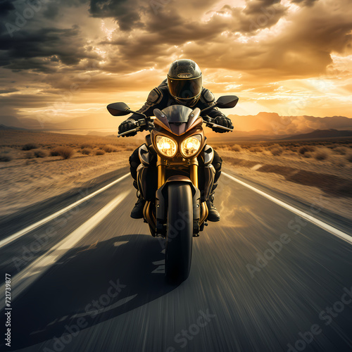 Dynamic shot of a motorcyclist on an open road. 