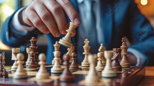 Businessman playing chess and thinking strategy about crash overthrow the opposite team. Strategy or management win or success concept