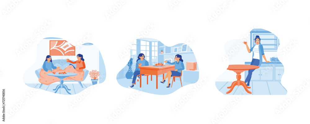 Two young women sitting on the sofa. Two women enjoying food while relaxing. Enjoy the morning at home. Smiling woman friends drinking tea at home concept. Set Flat vector illustration. Two young women sitting on the sofa. Two women enjoying food while relaxing. Enjoy the morning at home. Smiling woman friends drinking tea at home concept. Set Flat vector illustration.