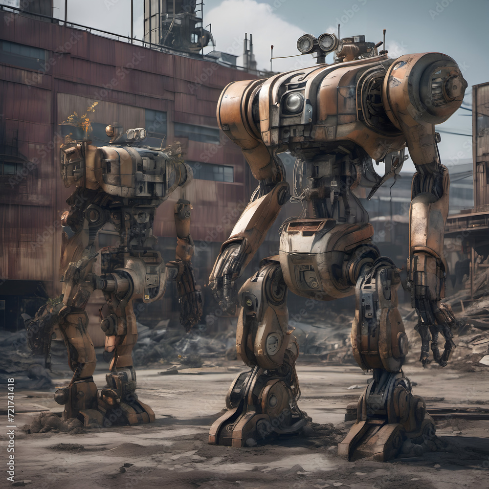 Two rusty robots in front of an old building.