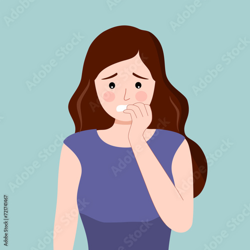 Anxiety face expression. Young anxious worried woman character looking stressed and nervous with hands on mouth biting nails.
