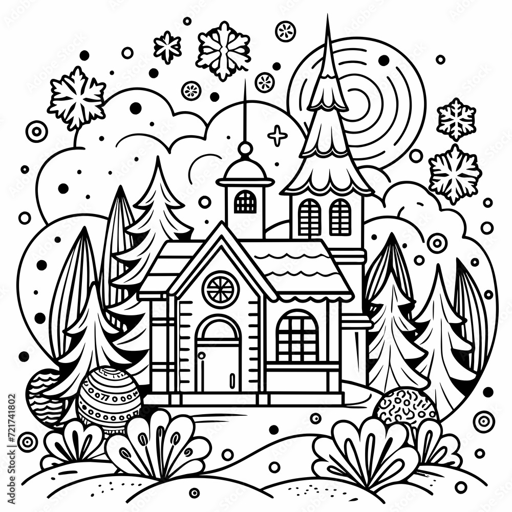 Coloring Page : Winter Village with Festive Houses, Snow-Covered Streets, and Vintage Architecture in a Cartoon Vector Illustration