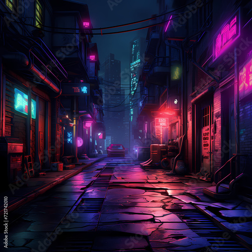 Neon-lit cyberpunk alleyway at night.